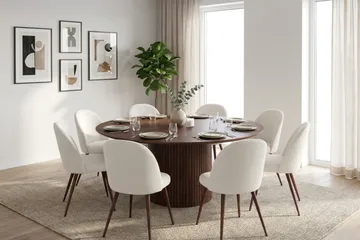 Spisebordssæt Bark Kopparbo 180 cm Valnød Hvid Bouclé/Metalben Valnød Rund 8 - Valnød - Møbler - Borde - Spisebordssæt