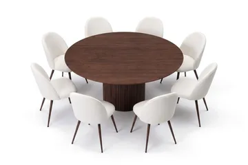 Spisebordssæt Bark Kopparbo 180 cm Valnød Hvid Bouclé/Metalben Valnød Rund 8 - Valnød - Møbler - Borde - Spisebordssæt