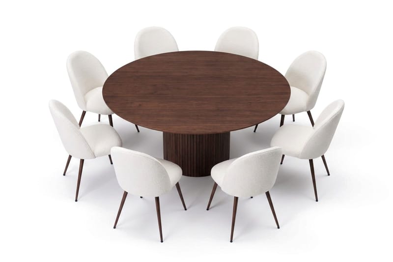 Spisebordssæt Bark Kopparbo 180 cm Valnød Hvid Bouclé/Metalben Valnød Rund 8 - Valnød - Møbler - Borde - Spisebordssæt