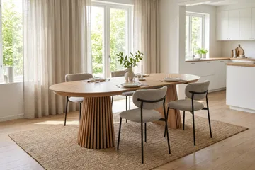 Spisebordssæt Bark Peyra 120-220 cm Eg Greige bouclé/sorte metalben - Eg - Møbler - Borde - Spisebordssæt