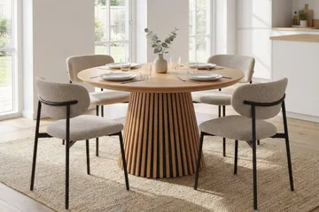 Spisebordssæt Bark Peyra 120-220 cm Eg Greige bouclé/sorte metalben - Eg - Møbler - Borde - Spisebordssæt