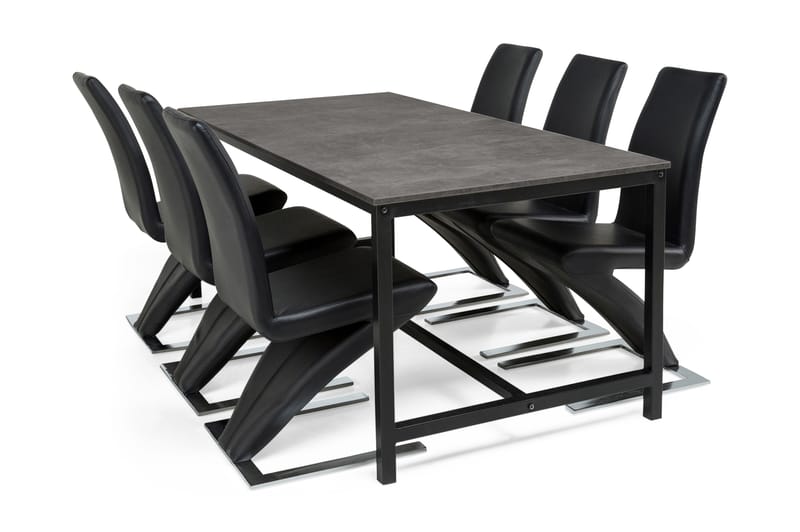 Bettina Spisebordssæt 180x90 cm Sort/Beton - 6 Zion Spisebordsstole Sort Læder/Forkro - Spisebordssæt