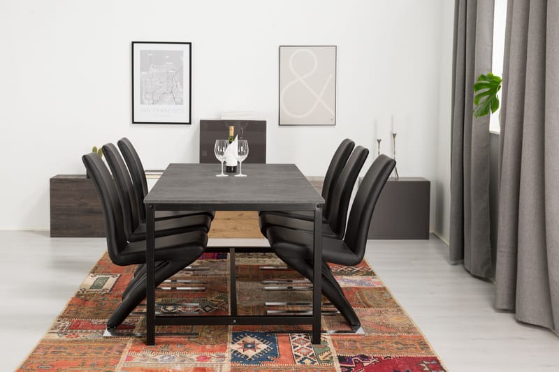 Bettina Spisebordssæt 180x90 cm Sort/Beton - 6 Zion Spisebordsstole Sort Læder/Forkro - Spisebordssæt