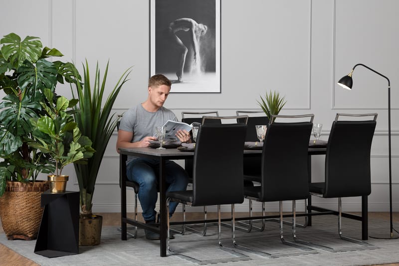 BETTY Bord 180 Beton/Sort + 6 Isoda Stol Sort - Møbler - Borde - Spisebordssæt