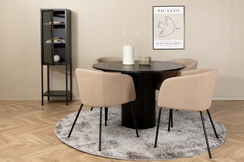 Biana Spisebordssæt 110 cm Rund inkl 4 Berita Stole, Sort/Beige