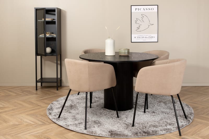 Biana Spisebordssæt 110 cm Rund inkl 4 Berita Stole, Sort/Beige