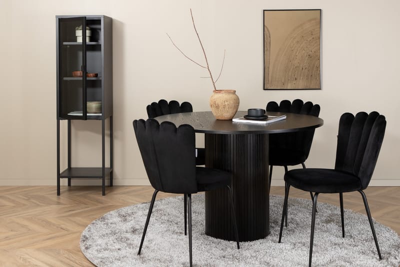 Biana Spisebordssæt 110 cm Rund inkl 4 Limhamn Velourstole, Sort