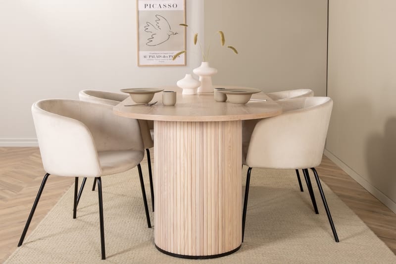 Biana Spisebordssæt 200 cm Oval inkl 4 Berita Velourstole - Beige/Sort - Møbler - Borde - Spisebordssæt