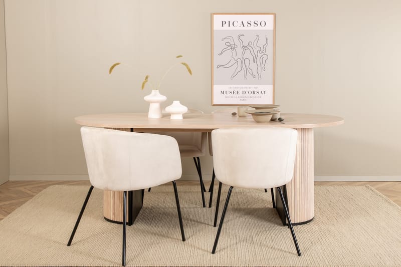 Biana Spisebordssæt 200 cm Oval inkl 4 Berita Velourstole - Beige/Sort - Møbler - Borde - Spisebordssæt