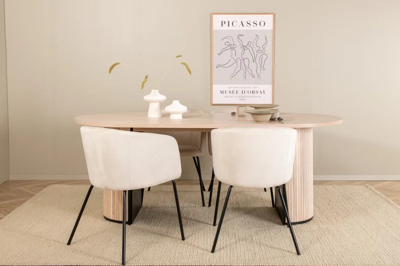 Biana Spisebordssæt 200 cm Oval inkl 4 Berita Velourstole, Beige/Sort
