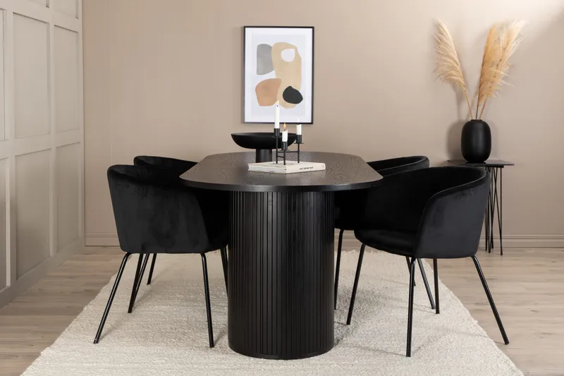 Biana Spisebordssæt 200 cm Oval inkl 4 Berita Velourstole - Sort - Møbler - Borde - Spisebordssæt