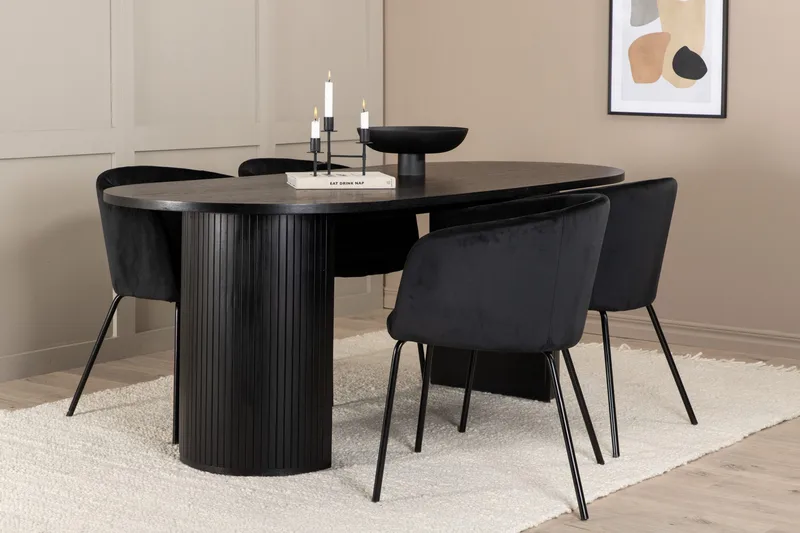 Biana Spisebordssæt 200 cm Oval inkl 4 Berita Velourstole, Sort