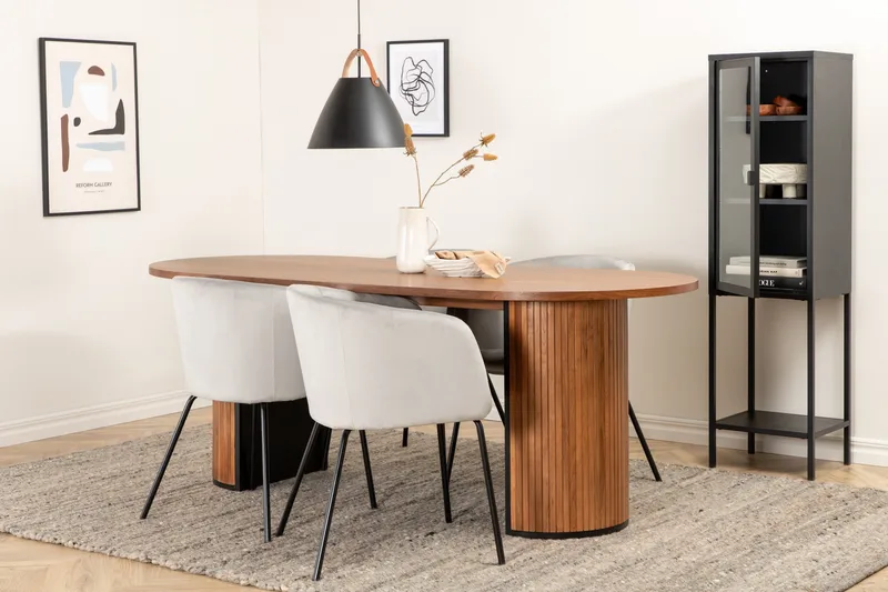 Biana Spisebordssæt 200 cm Oval inkl 4 Berita Velourstole, Valnødsbrun/Sort/Grå