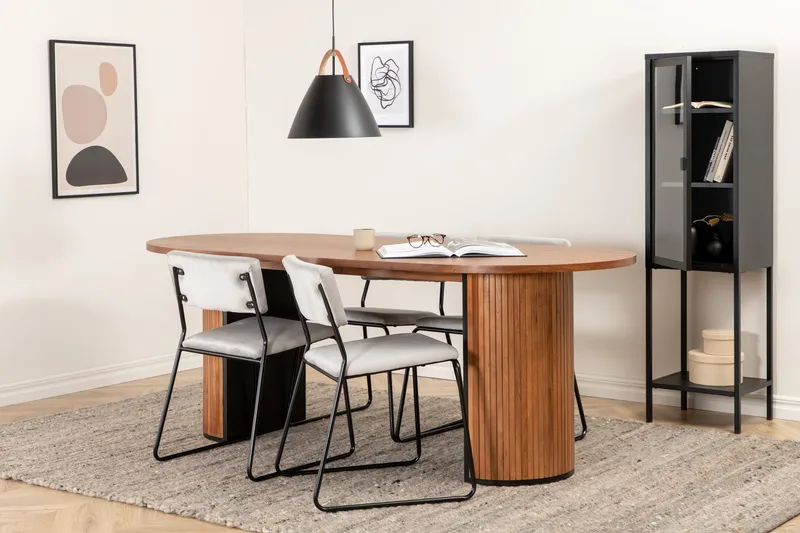 Biana Spisebordssæt 200 cm Oval inkl 4 Kenth Velourstole, Valnødsbrun/Lysegrå