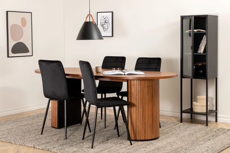 Biana Spisebordssæt 200 cm Oval inkl 4 Robin Velourstole, Valnødsbrun/Sort