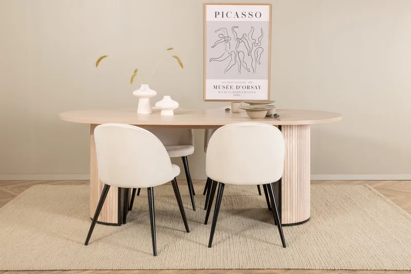 Biana Spisebordssæt 200 cm Oval inkl 4 Valera Manchesterstol, Beige/Sort/Beige