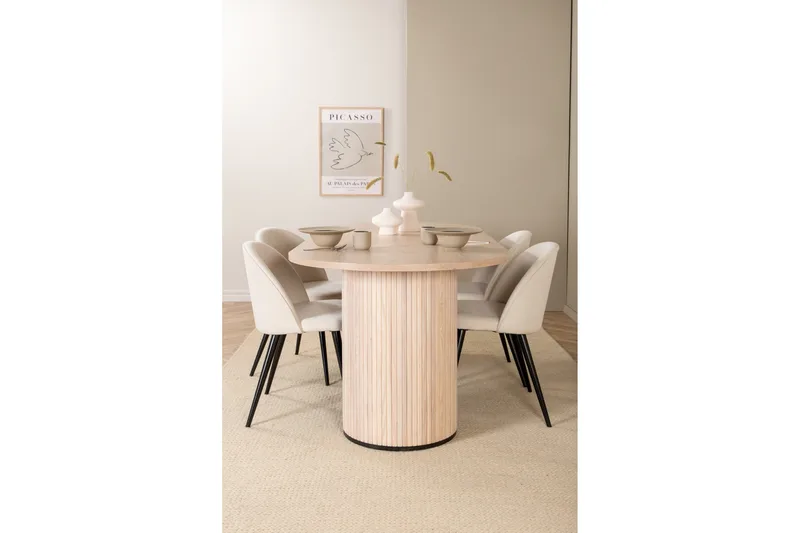 Biana Spisebordssæt 200 cm Oval inkl 4 Valera Manchesterstol - Beige/Sort/Beige - Møbler - Borde - Spisebordssæt