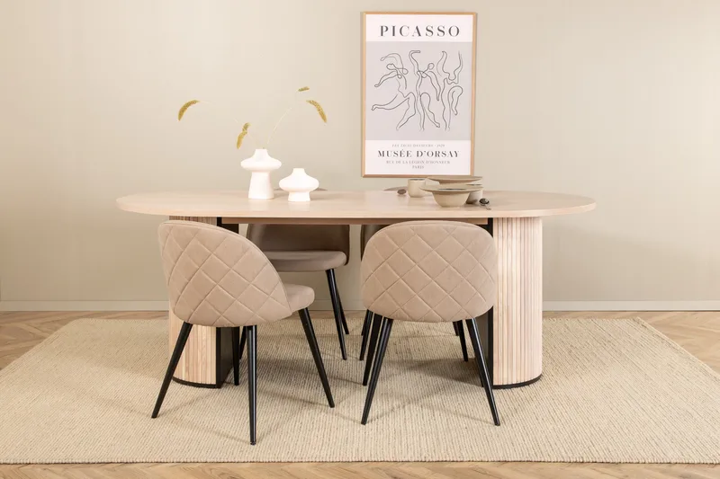 Biana Spisebordssæt 200 cm Oval inkl 4 Velvets Stole, Beige/Sort