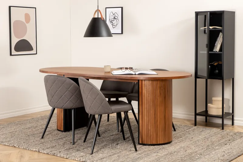 Biana Spisebordssæt 200 cm Oval inkl 4 Velvets Stole, Valnødsbrun/Grå/Sort