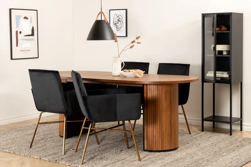 Biana Spisebordssæt 200 cm Oval inkl 4 Pipi Stole, Valn ødsbrun/Sort/Kopper