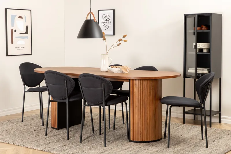 Biana Spisebordssæt 200 cm Oval inkl 6 Moncoll Stole, Valnød/Sort