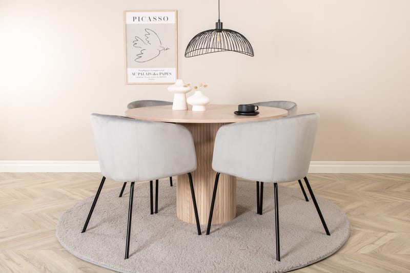 Bianca Spisegruppe 110 cm Rund med 4 Berit stole - Whitewash/Grå - Møbler - Borde - Spisebordssæt
