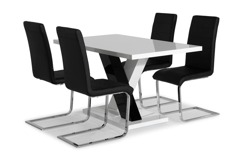 Cesi Spisebordssæt 140 cm med 4 Cibus Stole - Hvid/Sort/Sort PU/Krom - Møbler - Borde - Spisebordssæt