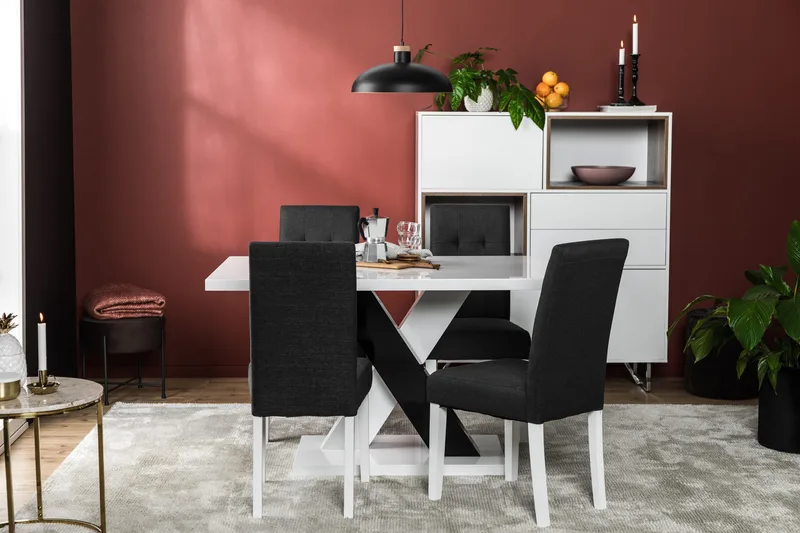 Cesi Spisebordssæt 140 cm med 4 Viktor Stole - Hvid/Sort/Sort PU - Møbler - Borde - Spisebordssæt