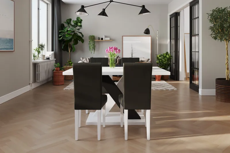 Cesi Spisebordssæt 140 cm med 4 Viktor Stole - Hvid/Sort/Sort PU - Møbler - Borde - Spisebordssæt