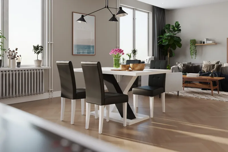 Cesi Spisebordssæt 140 cm med 4 Viktor Stole - Hvid/Sort/Sort PU - Møbler - Borde - Spisebordssæt