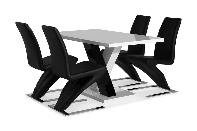 Cesi Spisebordssæt 140 cm med 4 Zion Stole - Hvid/Sort/Sort PU/Krom - Spisebordssæt