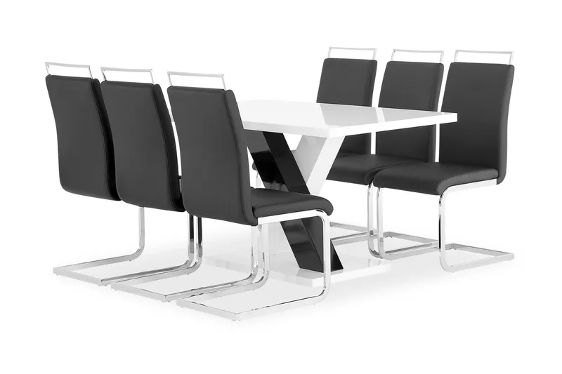 Cesi Spisegruppe Rektangulært spisebord 140 cm + 6 Isoda Læderstole, Hvid / Sort / Krom