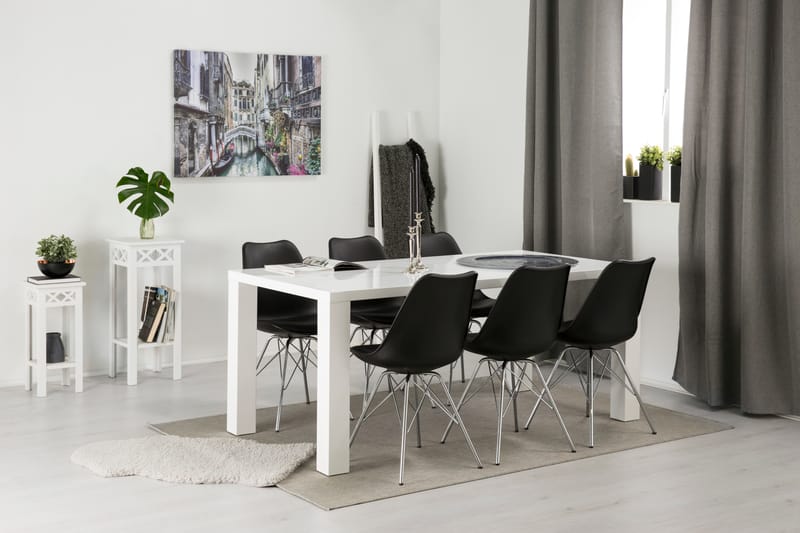 Cibus Spisebordssæt Hvid 180x90cm - 6 Shell Stole Sort/Forkromet - Spisebordssæt