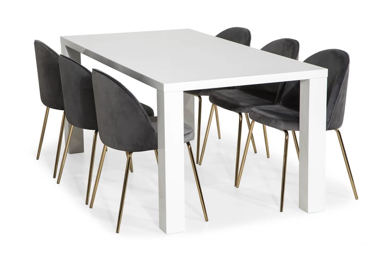 Cibus Spisebordssæt med 6 Felipe Stol Velour - Hvid/Grå/Messingben - Spisebordssæt