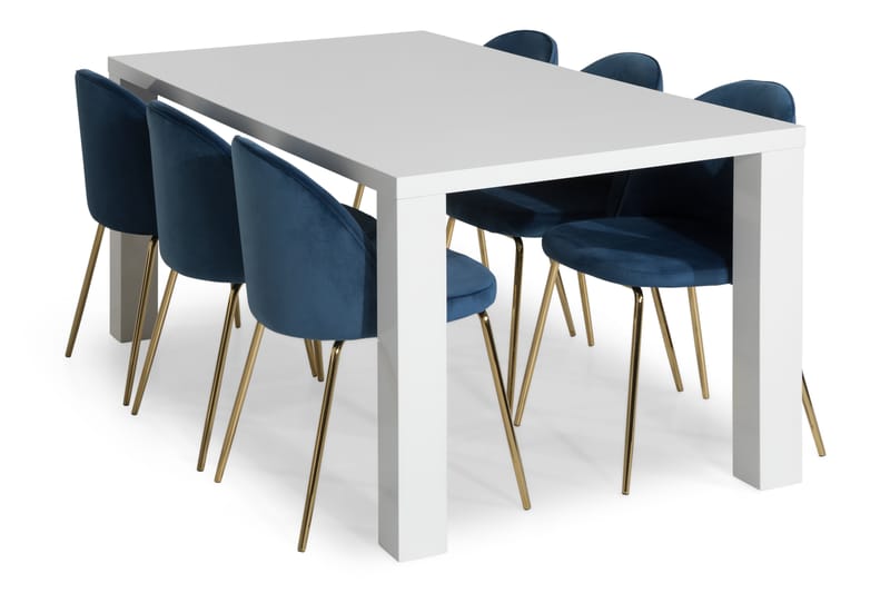 Cibus Spisebordssæt med 6 Felipe Stol Velour - Hvid/Mørkeblå/Messingben - Spisebordssæt