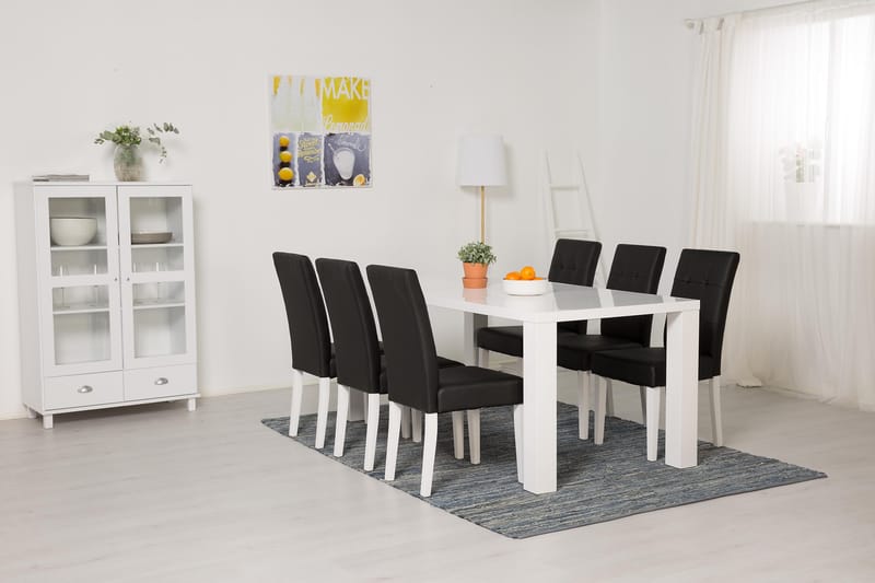 Cibus Spisebordssæt med 6 Viktor Stole - Hvid/Svart PU - Spisebordssæt