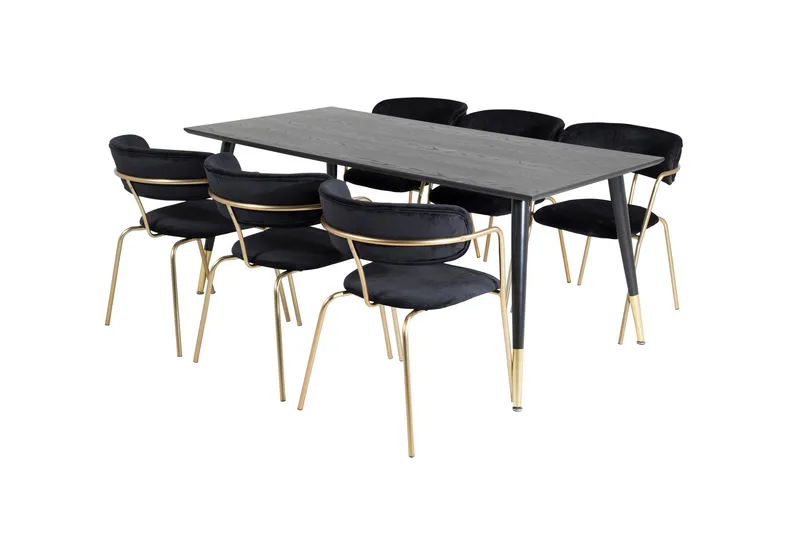 Daicy Spisebordssæt 180 cm inkl 6 Arcarazo Lænestole, Sort/Messing