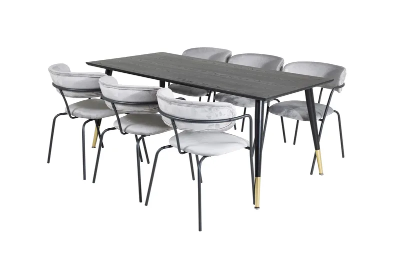 Daicy Spisebordssæt 180 cm inkl 6 Arcarazo Lænestole, Sort/Messing/Grå