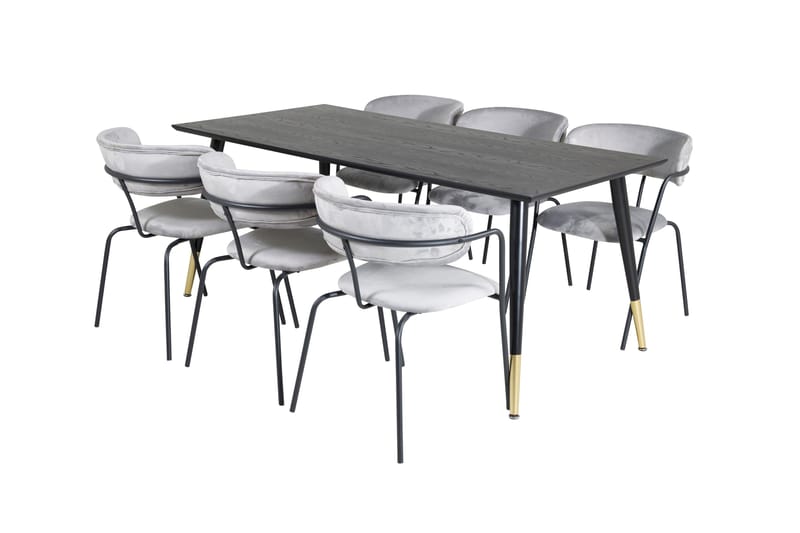 Daicy Spisebordssæt 180 cm inkl 6 Arcarazo Lænestole, Sort/Messing/Grå