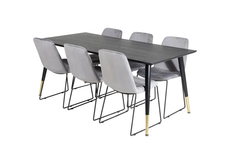 Daicy Spisebordssæt 180 cm inkl 6 Jadraque Stole, Sort/Messing/Grå