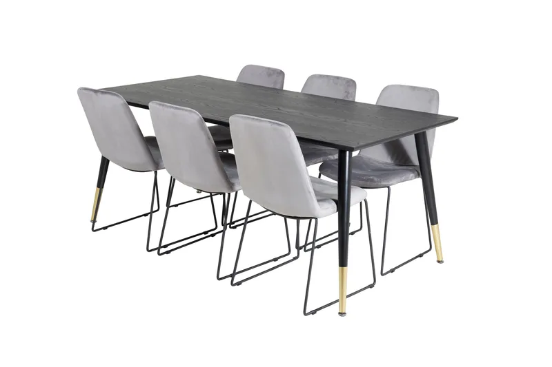 Daicy Spisebordssæt 180 cm inkl 6 Jadraque Stole, Sort/Messing/Grå