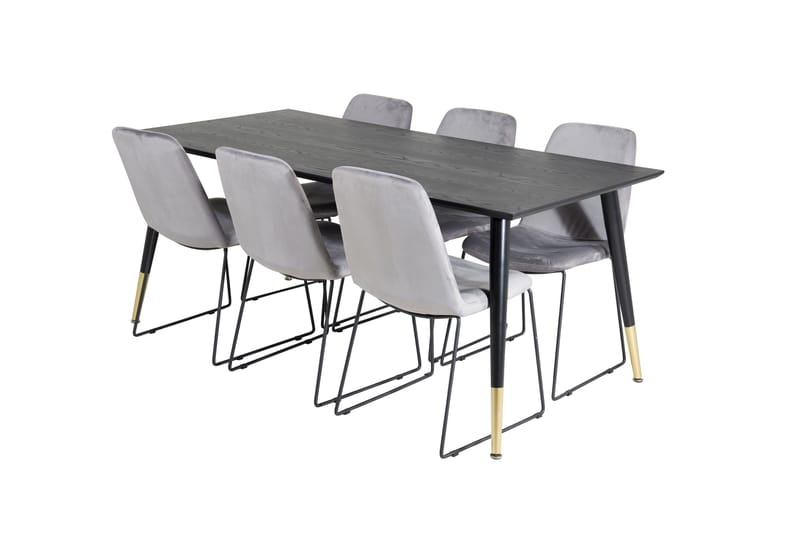 Daicy Spisebordssæt 180 cm inkl 6 Jadraque Stole, Sort/Messing/Grå