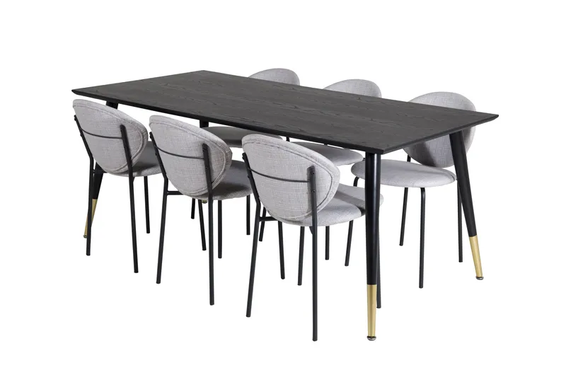 Daicy Spisebordssæt 180 cm inkl 6 Moncoll Stole, Sort/Messing/Beige