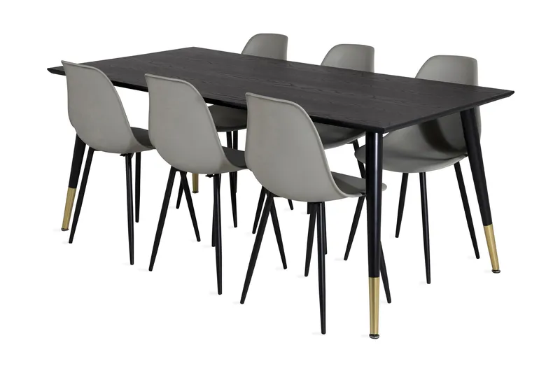 Daicy Spisebordssæt 180 cm inkl 6 Ypas Stole, Sort/Messing/Grå