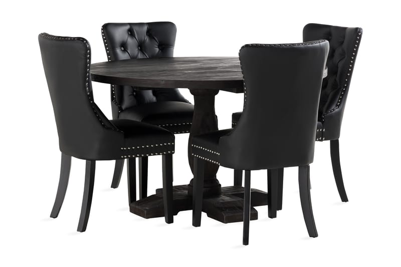 Dijon Spisebord 130 cm Rund med 4 Bergviken stol kunstlæder - Brun/Grå - Spisebordssæt