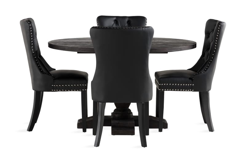 Dijon Spisebord 130 cm Rund med 4 Bergviken stol kunstlæder - Brun/Grå - Spisebordssæt