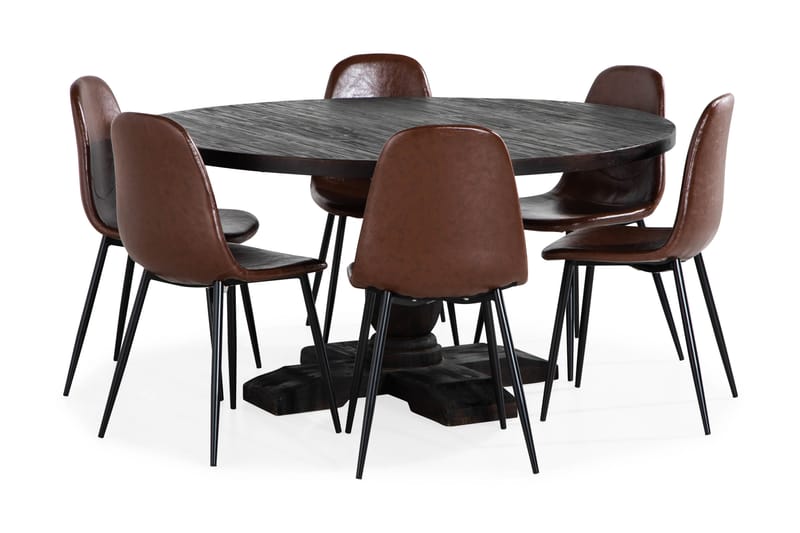 Dijon Spisebord Runt 150 cm 6 Dining  chair, brown pu - Møbler - Borde - Spisebordssæt