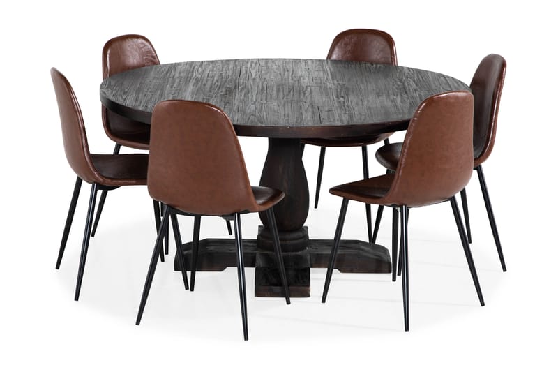 Dijon Spisebord Runt 150 cm 6 Dining  chair, brown pu - Møbler - Borde - Spisebordssæt