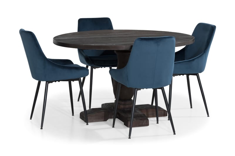 Dijon Spisebordssæt 130 cm Rund med 4 Alsarp Stol - Vintage Elm/Blå - Møbler - Borde - Spisebordssæt