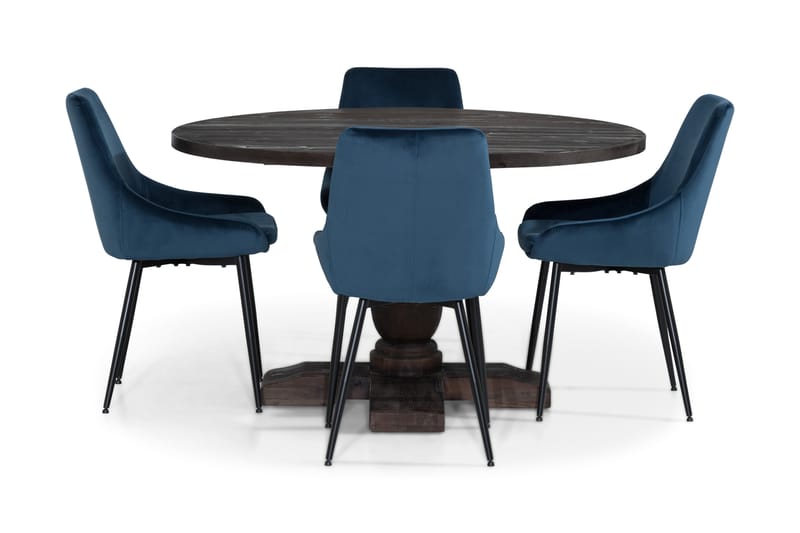 Dijon Spisebordssæt 130 cm Rund med 4 Alsarp Stol - Vintage Elm/Blå - Møbler - Borde - Spisebordssæt